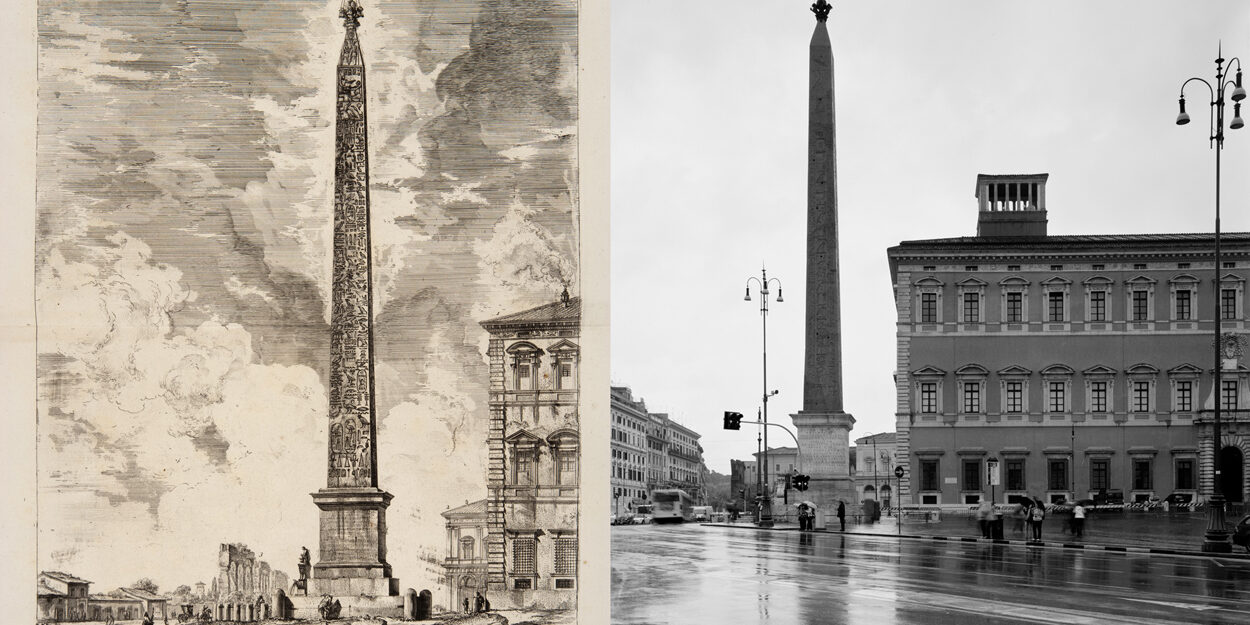 Giambattista Piranesi, Obelisco Egizio, incisione all’acquaforte Venezia, Fondazione Giorgio Cini, Gabinetto dei Disegni e delle Stampe Gabriele Basilico, Obelisco Egizio Lateranense e Palazzo del Laterano, stampa ai sali d’argento con trattamento al selenio, 2010 Milano, Archivio Gabriele Basilico