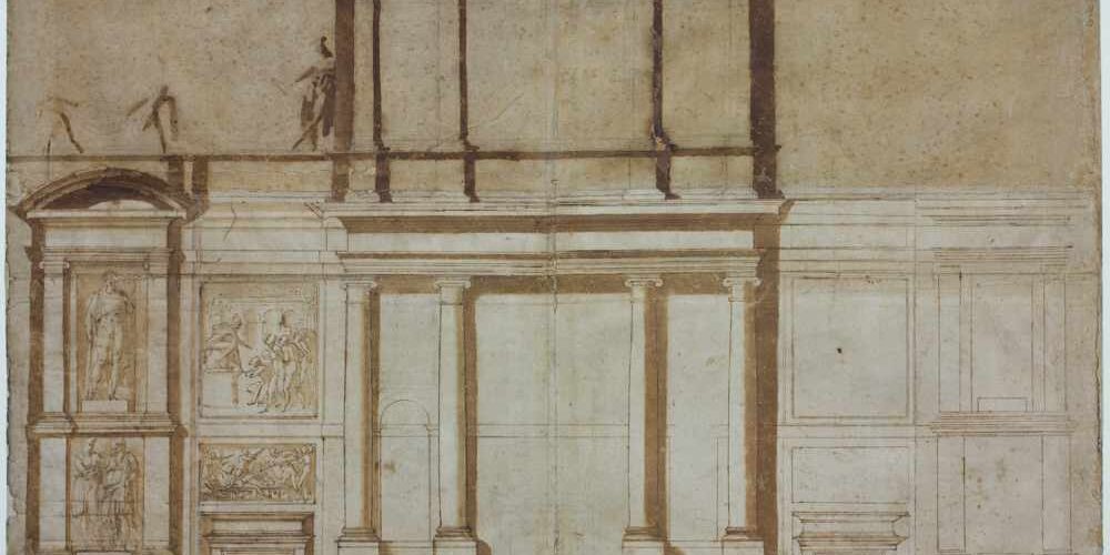 Michelangelo Buonarroti, Primo progetto per la facciata con sculture fine 1516 inizio 1517 - matita nera, penna e acquerello marrone, mm 724 x 870 - Firenze, Casa Buonarroti, inv. 45A