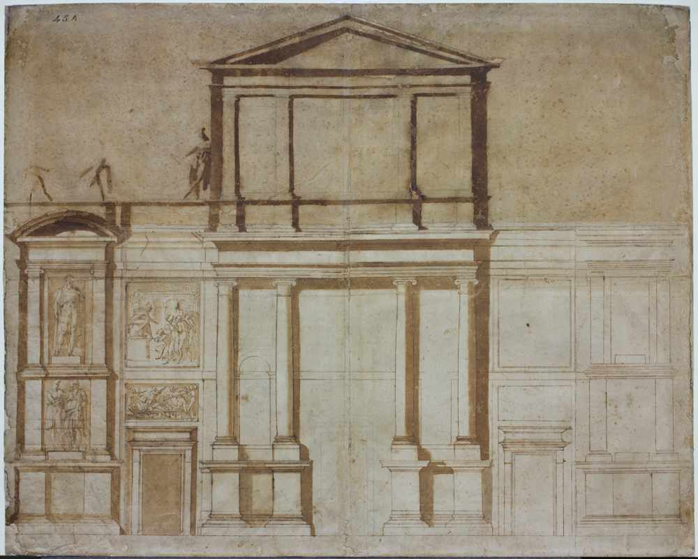 Michelangelo Buonarroti, Primo progetto per la facciata con sculture fine 1516 inizio 1517 - matita nera, penna e acquerello marrone, mm 724 x 870 - Firenze, Casa Buonarroti, inv. 45A