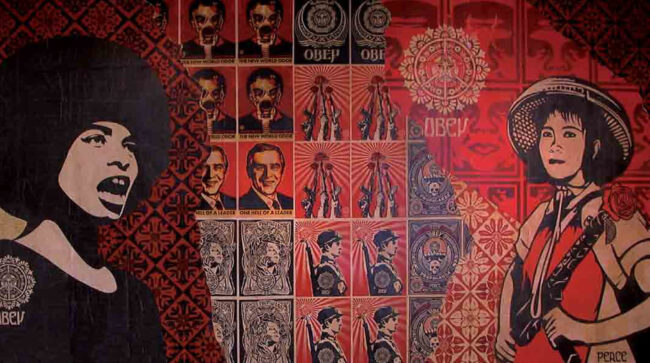 Shepard-FAIREY-dit-OBEY-GIANT-Mural-–-2006-©-Artcurial Shepard FAIREY (dit OBEY GIANT) Mural – 2006 Technique mixte sur 15 panneaux assemblés 330 × 600 cm Estimation : 35 000 € - 45 000 € © Artcurial
