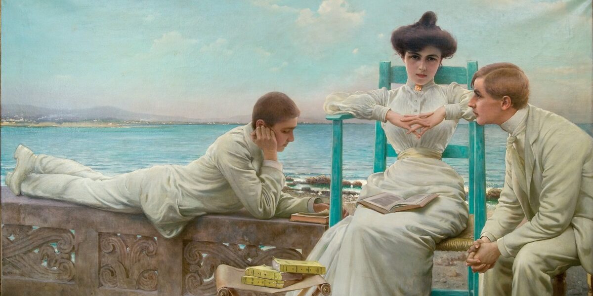 397b2ab1-17b0-5510-88d1-d1bcd8943e49 Liberty Vittorio Matteo Corcos, In lettura sul mare, 1910, Olio su tela, 250x152 cm, Collezione privata