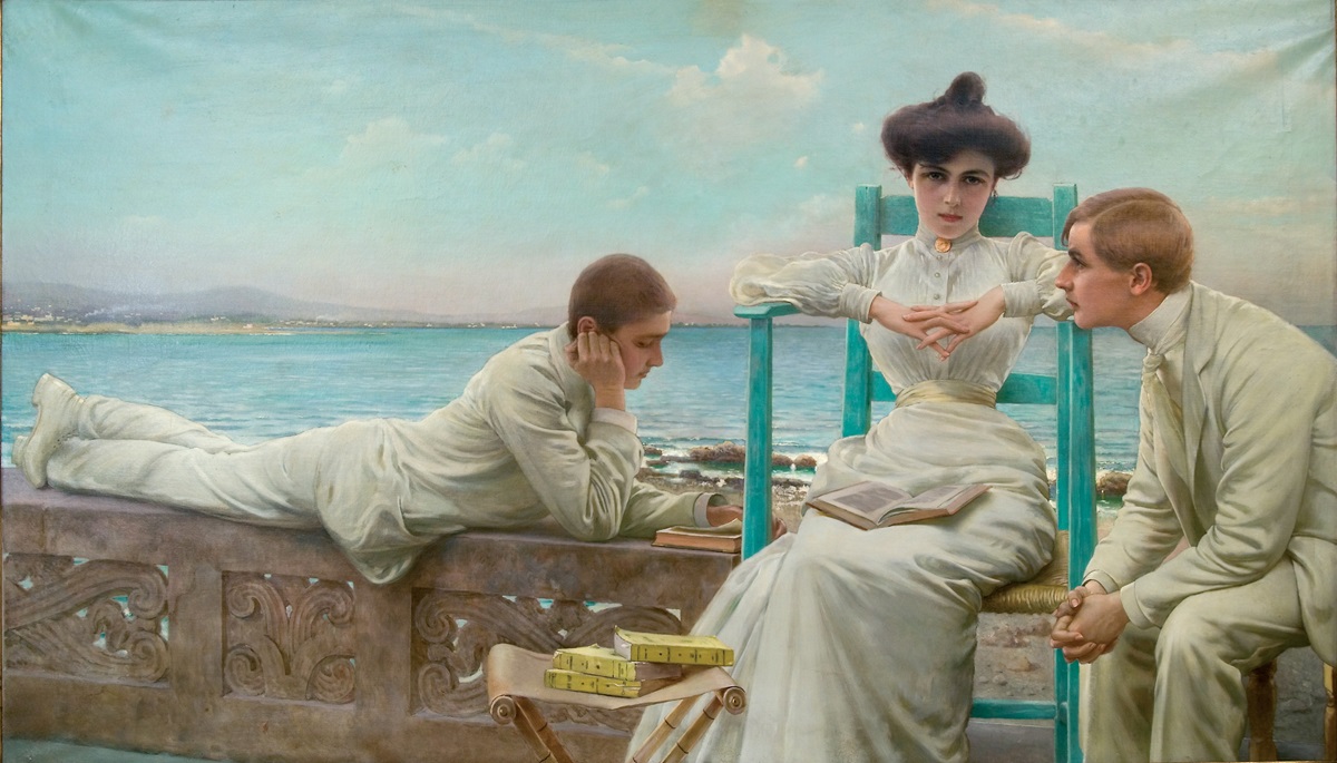 Liberty Vittorio Matteo Corcos, In lettura sul mare, 1910, Olio su tela, 250x152 cm, Collezione privata