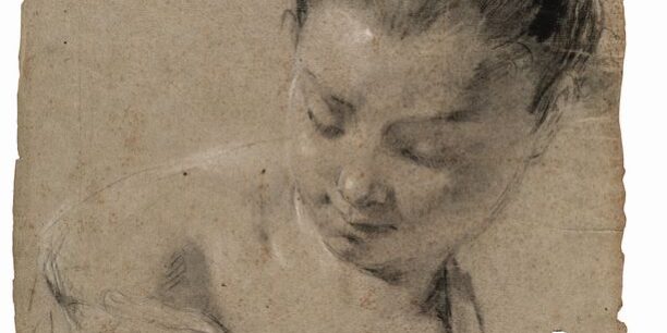 Giambattista Piazzetta, Testa di Giovane Donna, 1715 ca. carboncino e gesso bianco su carta grigio-azzurra ora abbrunita