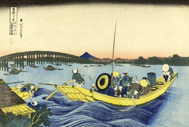 Museo-di-Roma_UKIYOE_2.Katsushika-Hokusai_Veduta-del-tramonto-presso-il-ponte-Ryogoku-dalla-sponda-del-pontile-di-Honmaya Museo di Roma UKIYOE.Katsushika Hokusai, Veduta del tramonto presso il ponte Ryōgoku dalla sponda del pontile di Honmaya