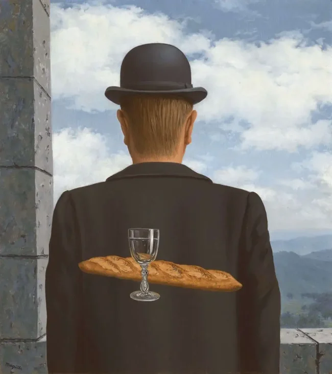 rene-magritte-l-ami-intime René Magritte, L’ami intime - Uomo di spalle con la bombetta - dietro di lui una baguette e un bicchiere di vino