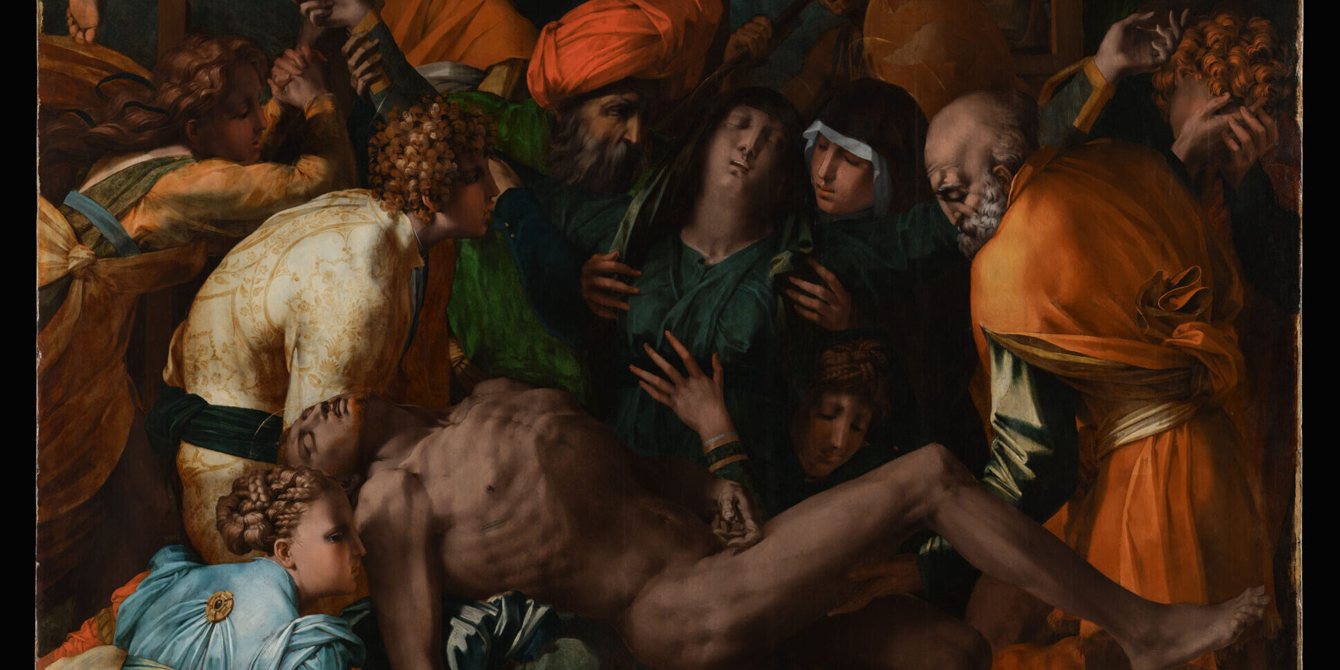 Rosso Fiorentino, Deposizione di Cristo dalla Croce, San Sepolcro, Chiesa di San Lorenzo. Immagine in luce diffusa del dipinto durante il restauro, al termine della pulitura e in fase di stuccatura.