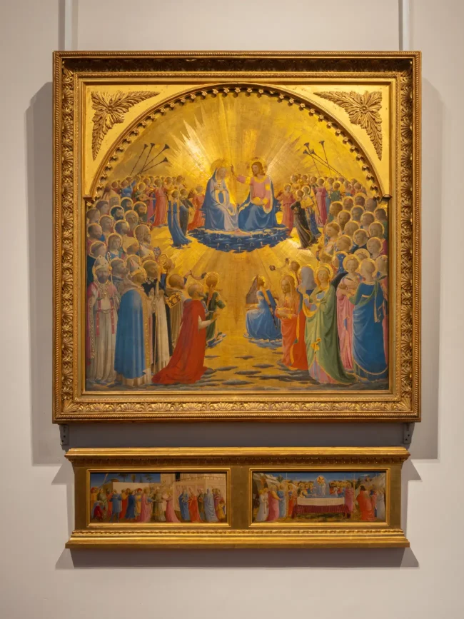 uffizi-beato-angelico Beato Angelico, Incoronazione della Vergine, 1435: tempera su tavola, 112 x 114 cm, Firenze, Galleria degli Uffizi; predella: Beato Angelico, Sposalizio della Vergine e Funerali della Vergine, 1435; tempera su tavola: 19 x 51 cm; Firenze, Museo di San Marco.