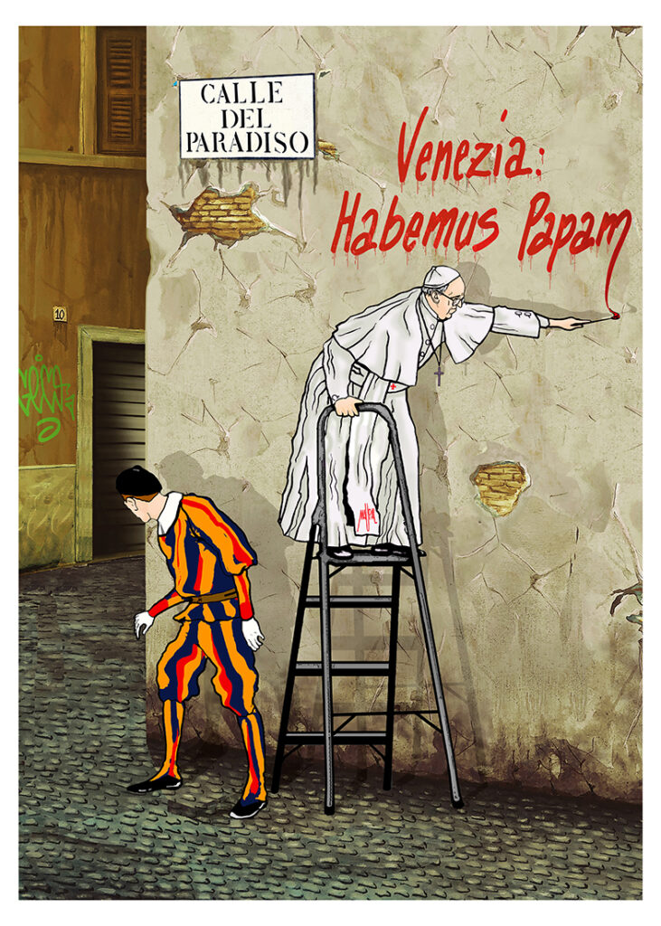 Lo street artist Maupal in mostra a Venezia per la visita del Papa