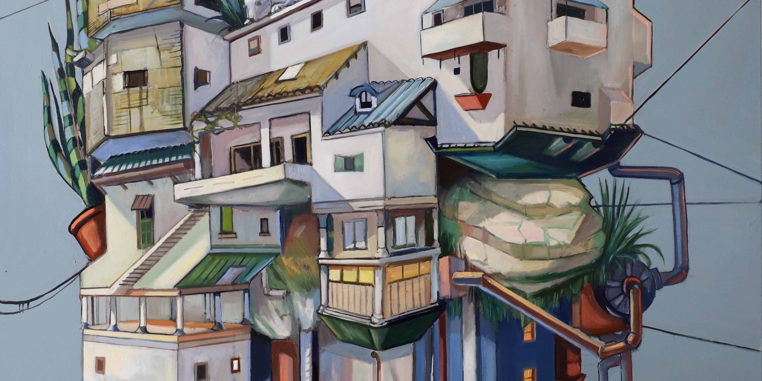 Alessandra Carloni Upside down city - olio su tela 120 x 120, 2023 - Marcovaldo di Italo Calvino