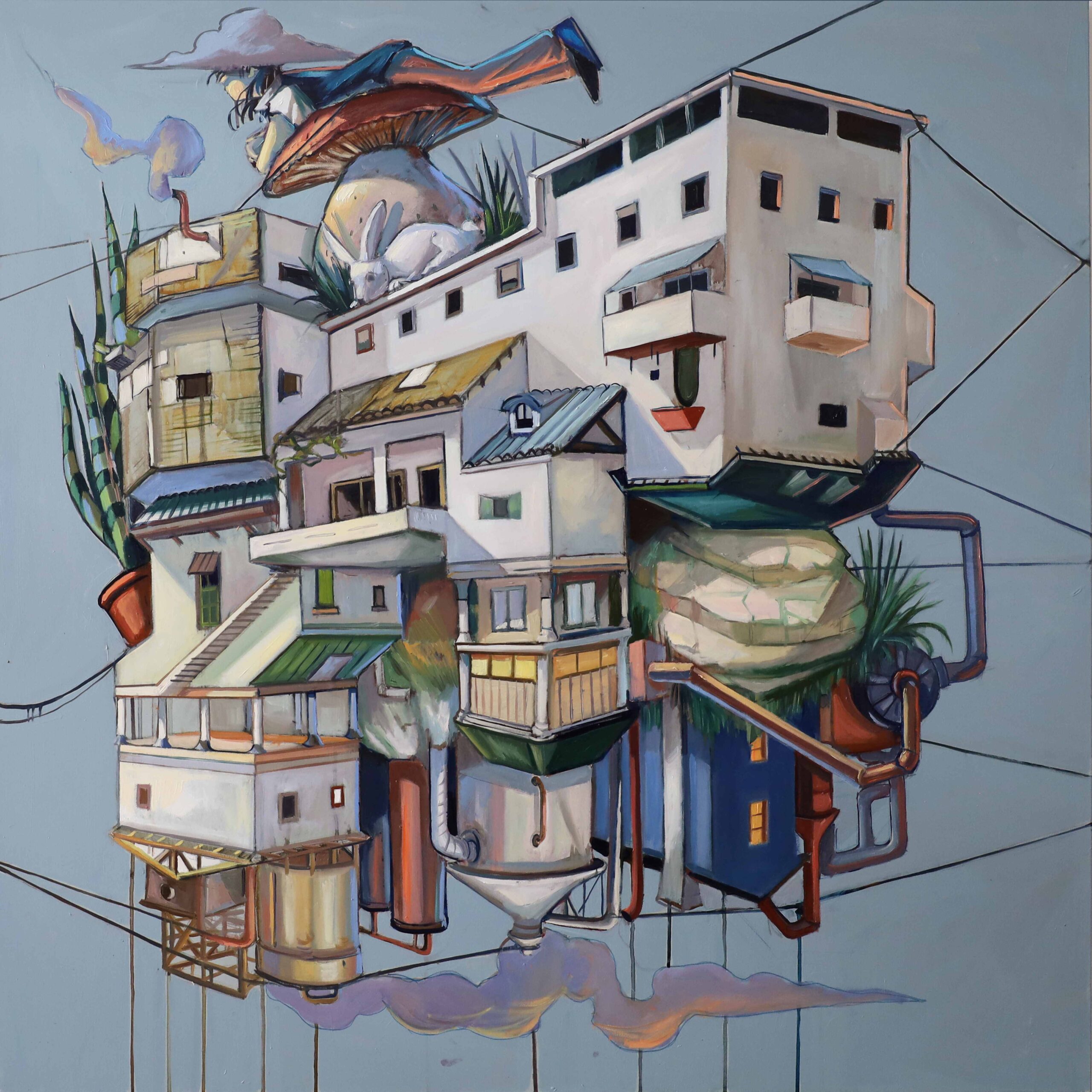 Alessandra Carloni Upside down city - olio su tela 120 x 120, 2023 - Marcovaldo di Italo Calvino