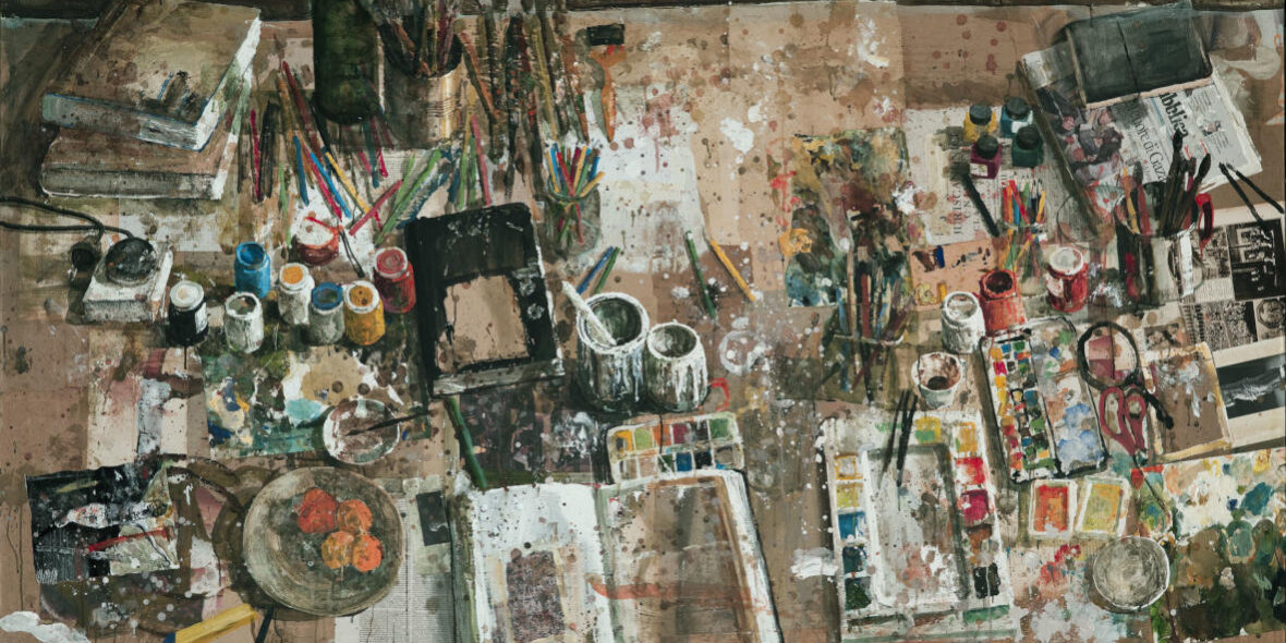 Safet Zec, Tavolo dell’artista, 2007 tempera e collage su carta e tela 220 × 160 cm