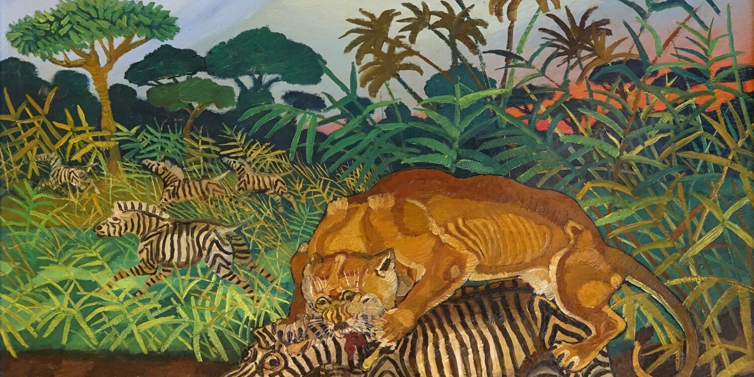 2-Antonio-Ligabue-Leonessa-con-zebra-1959-1960-olio-su-tavola-di-faesite-collezione-BPER-Banca Antonio Ligabue, Leonessa con zebra, 1959 - 1960, olio su tavola di faesite, collezione BPER Banca