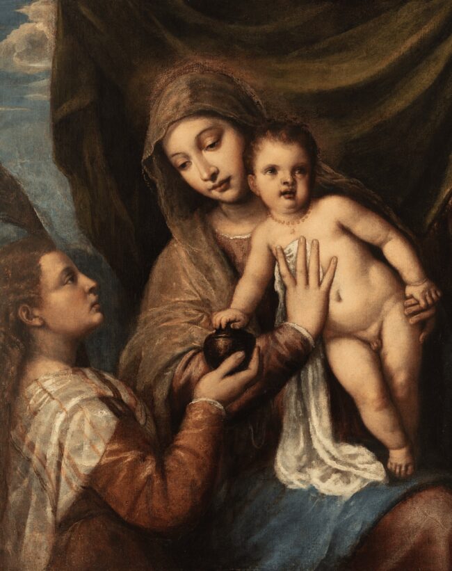 Tiziano Tiziano Vecellio (Pieve di Cadore, 1488/90 – Venezia, 1576) Madonna con il Bambino e santa Maria Maddalena, circa 1555-1560 Olio su tela, cm. 104 x 92,5