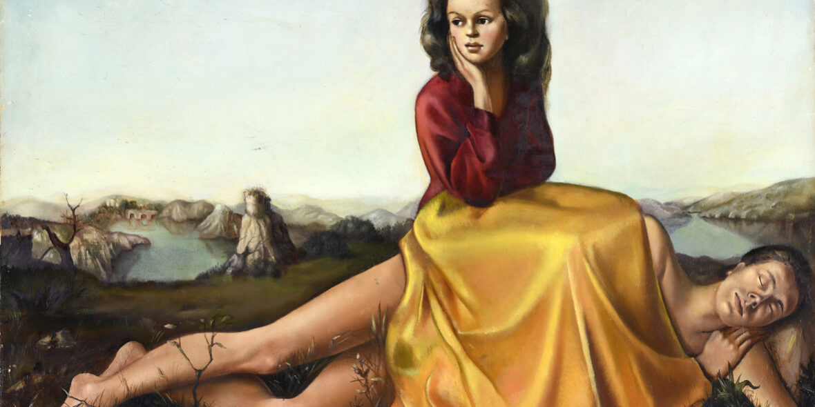 Leonor Fini, Femme assise sur un homme nu, 1942, olio su tela ©️ Leonor Fini, by SIAE 2024