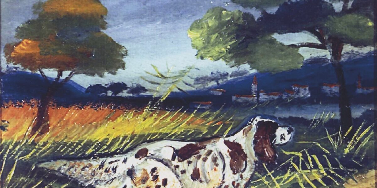 Antonio Ligabue CANE SETTER 1958 Olio su faesite 19 x 16,5 cm 41,5 x 44 x 5 cm c.c.