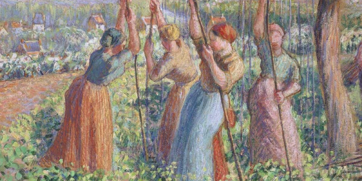 Design for a Fan_ The Pea Stakers, 1890, Camille Pissarro, courtesy of Ashmolean Museum, University of Oxford (portrait) The Pea Stakers, 1890, Camille Pissarro, courtesy of Ashmolean Museum, University of Oxford
