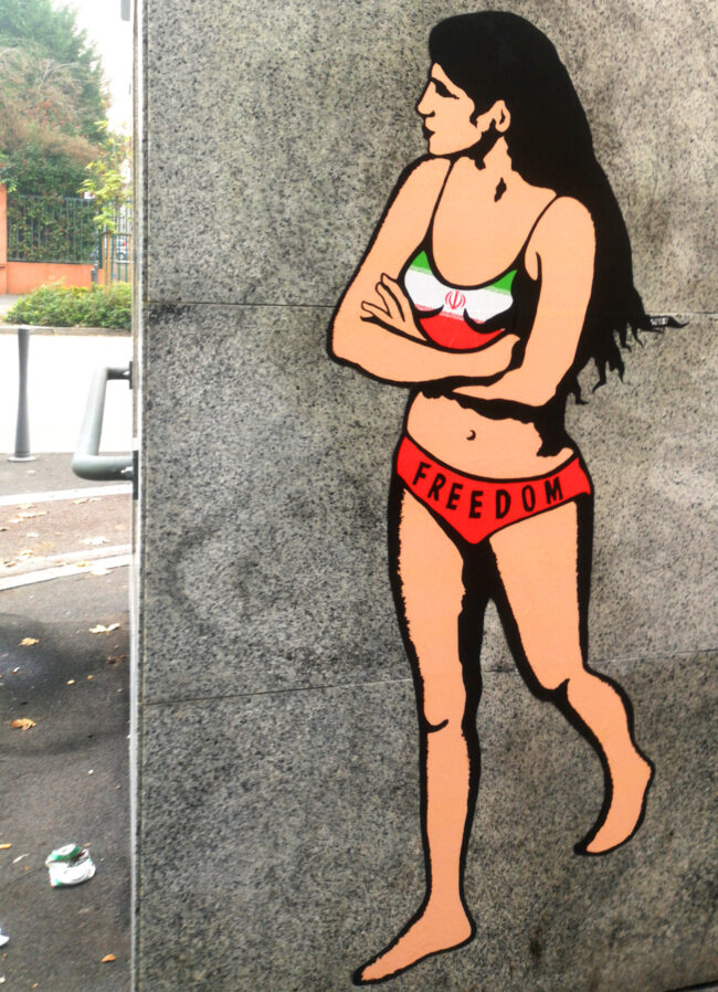 Iranian female Student Ahoo Ahou Daryaei Protest Against Hijab street art mural murales by artist aleXsandro Palombo Consolato Iran Milano Milan