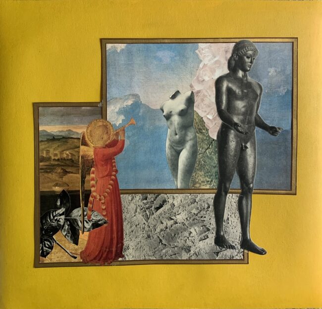 L’orto dell’angelo, collage su acrilico su carta 51 x 47,5